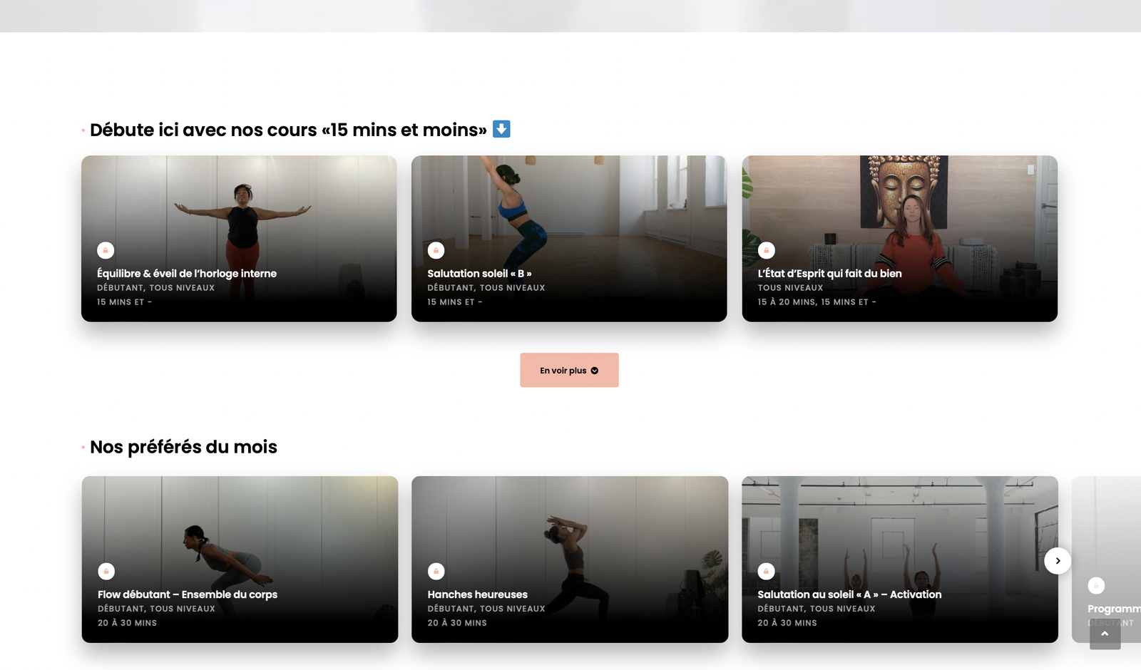 Capture d’écran de la plateforme Espace M Yoga présentant des cours de yoga en ligne de 15 minutes et moins, conçus pour les femmes occupées qui souhaitent pratiquer à la maison, à leur rythme.